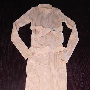 SHEIN Blush Ribbed Long Sleeve Cutout Maxi Dress